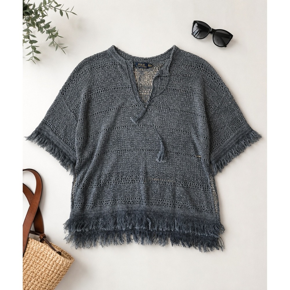 Polo Ralph Lauren Linen Open Knit Fringe Sweater Small Boho Coastal V-Neck Blue